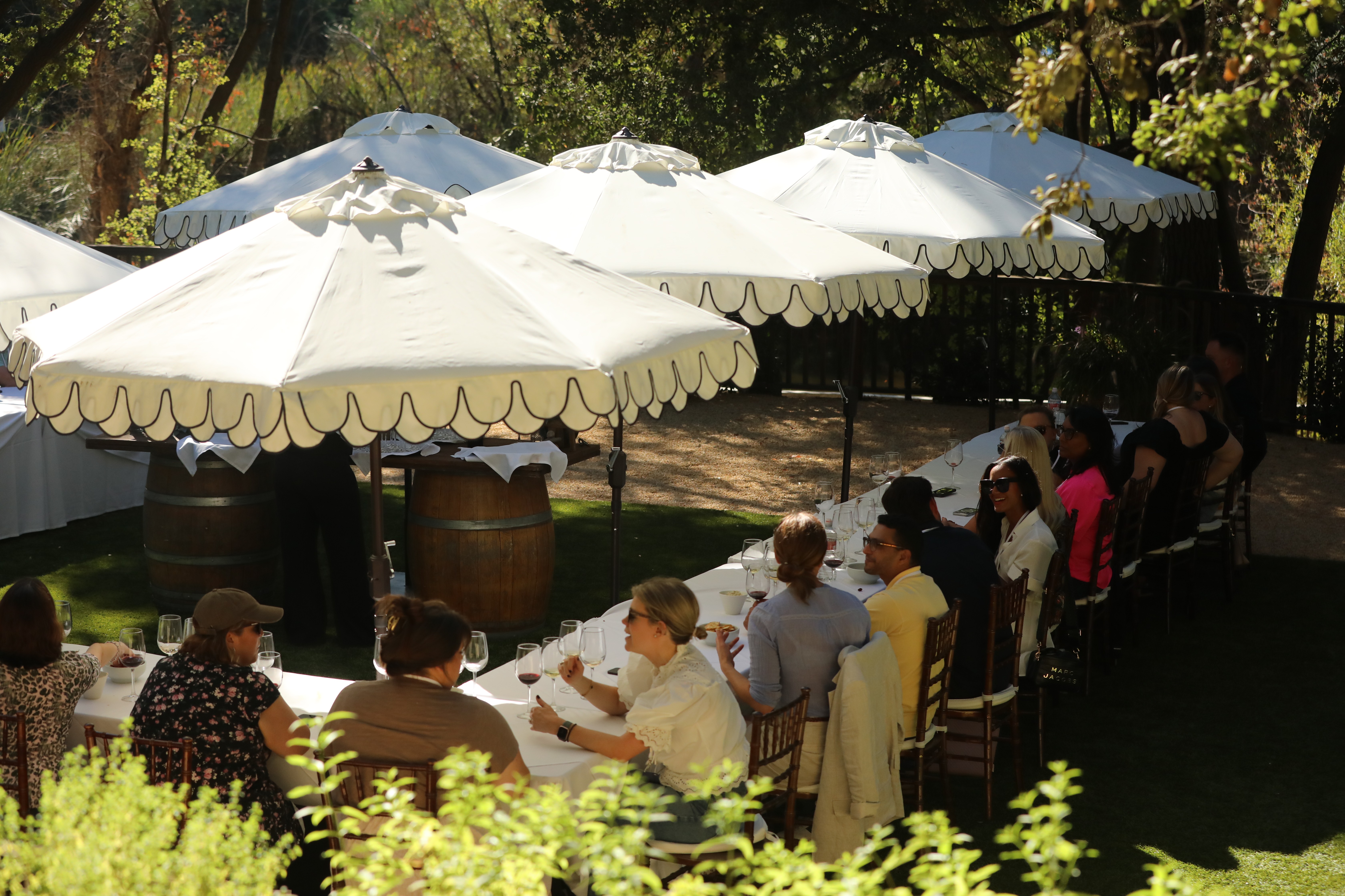 Guests gather for an outdoor lunch under white scalloped umbrellas at a sunlit garden venue with wine barrels nearby.