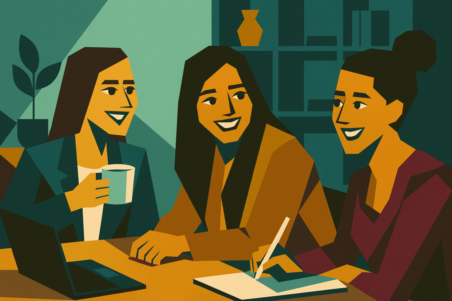 Tre colleghe sorridono durante una riunione in ufficio, con tazze e quaderni sul tavolo.