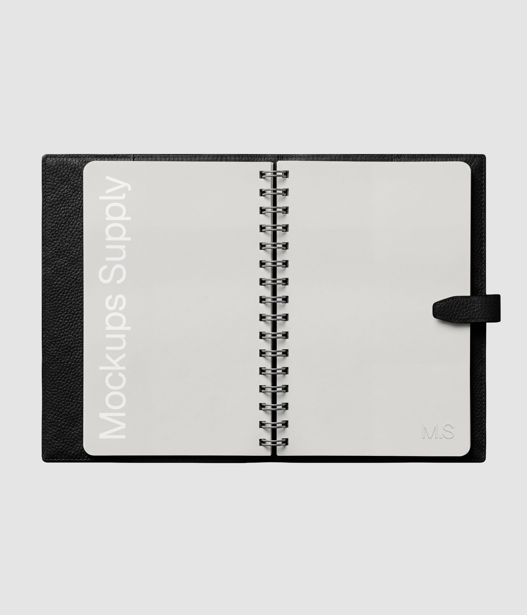 Spiral notebook mockup with leather cover texture and open spread download PSD