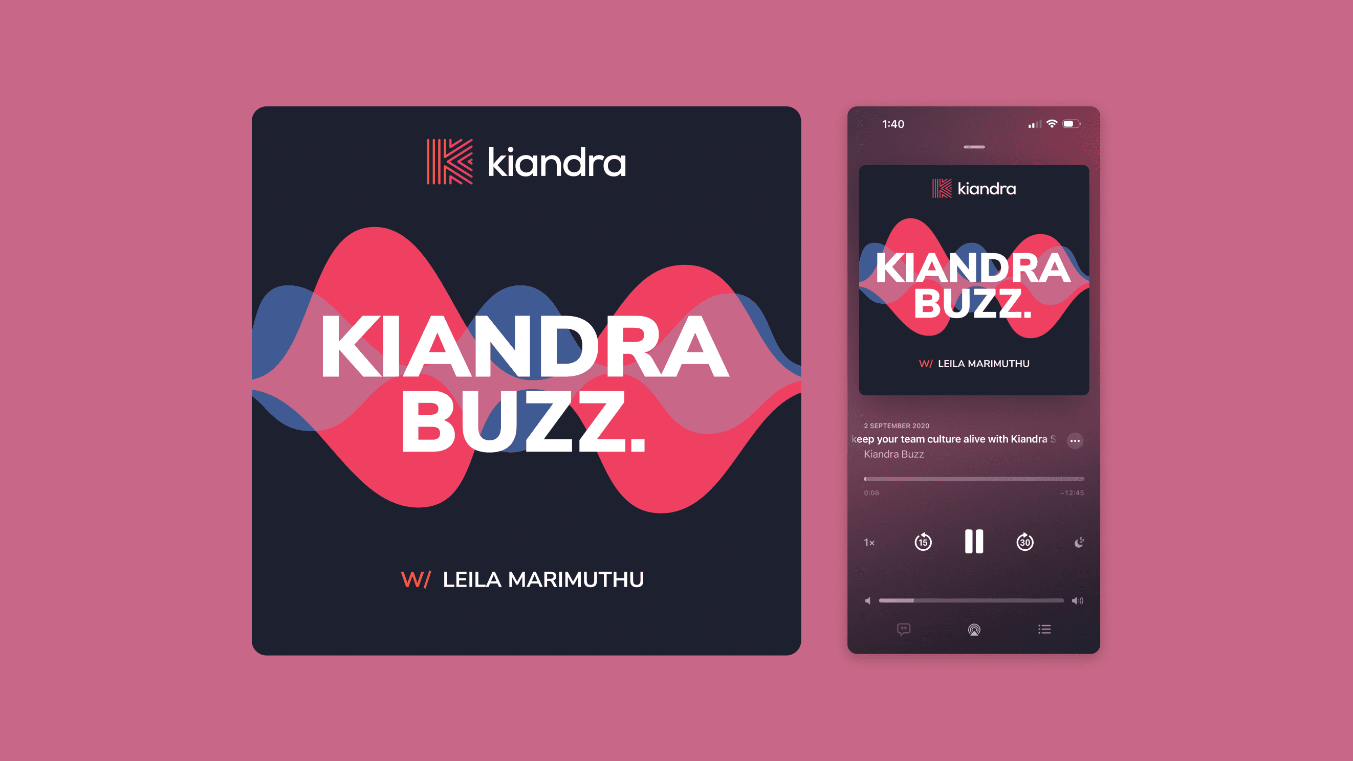 Kiandra Buzz podcast cover artwork displayed on a square tile and mobile screen featuring bold waveform graphics and branding