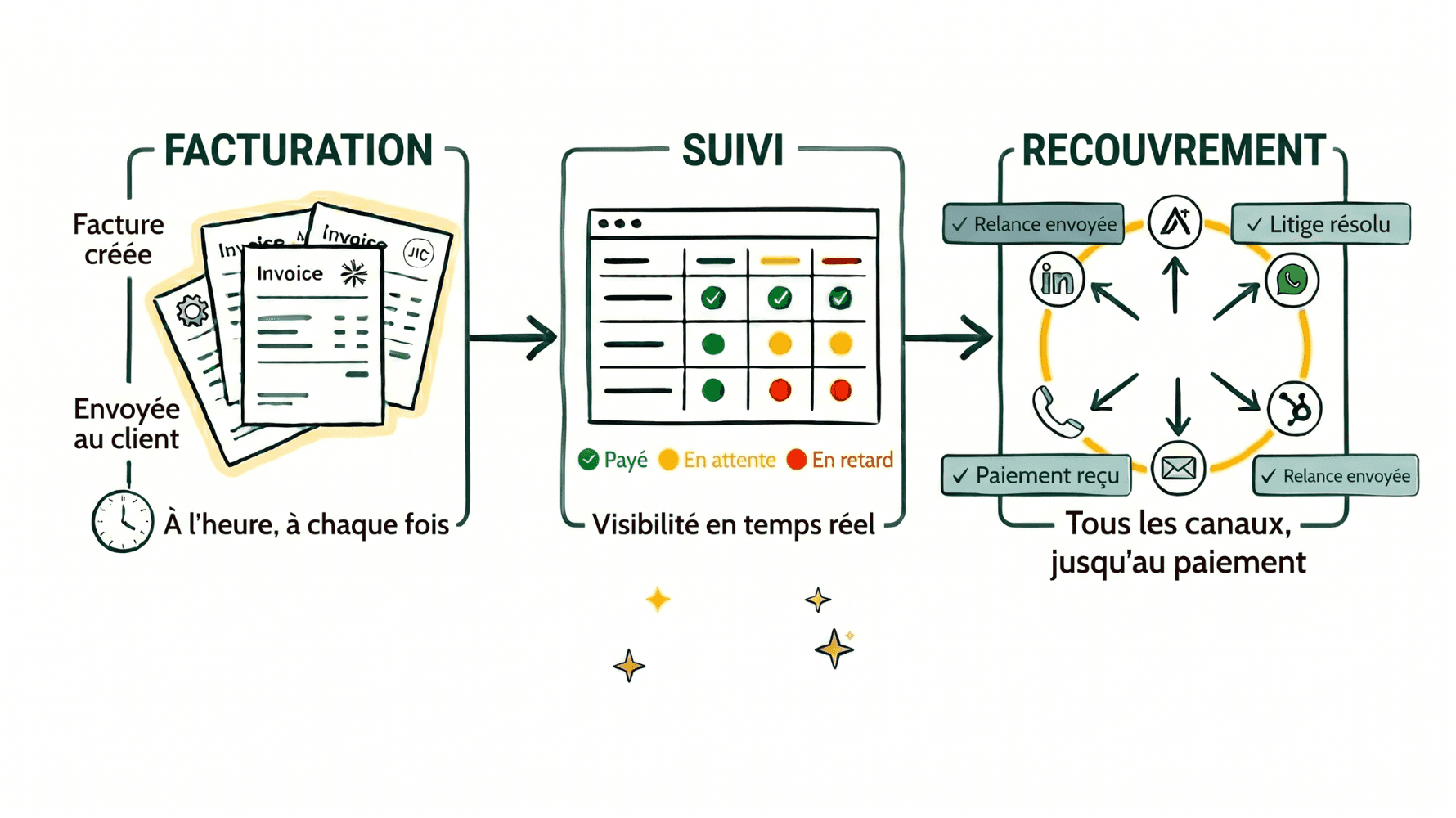 Schéma en trois étapes du flux comptes clients : Facturation (pile de factures créées et envoyées aux clients avec une horloge indiquant à l'heure à chaque fois), Suivi (tableau de bord avec pastilles vertes Payé, jaunes En attente et rouges En retard pour une visibilité en temps réel), Recouvrement (nœud central entouré des logos LinkedIn, Apollo, WhatsApp, HubSpot, Email et Téléphone avec badges Relance envoyée, Litige résolu, Paiement reçu)