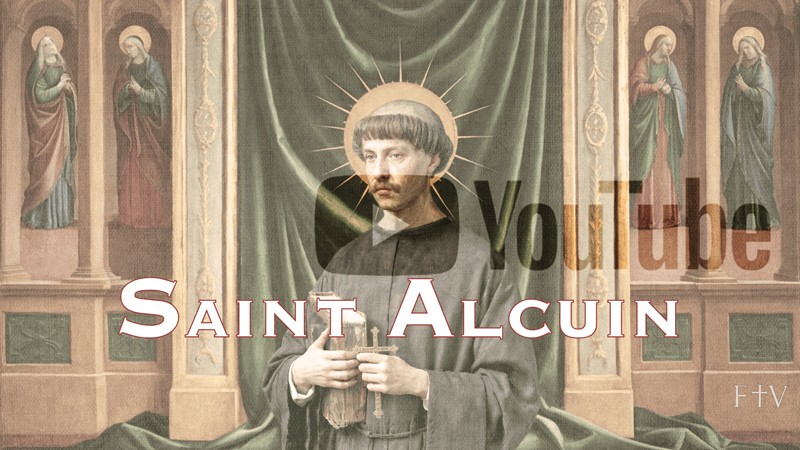 Sacred artwork by Faith and Verse. © Faith and Verse, 2025. All rights reserved. Traditional Catholic art—portrait of Saint Alcuin of York, shown before his episcopal canopy with veiled YouTube play marker blended softly into the composition.