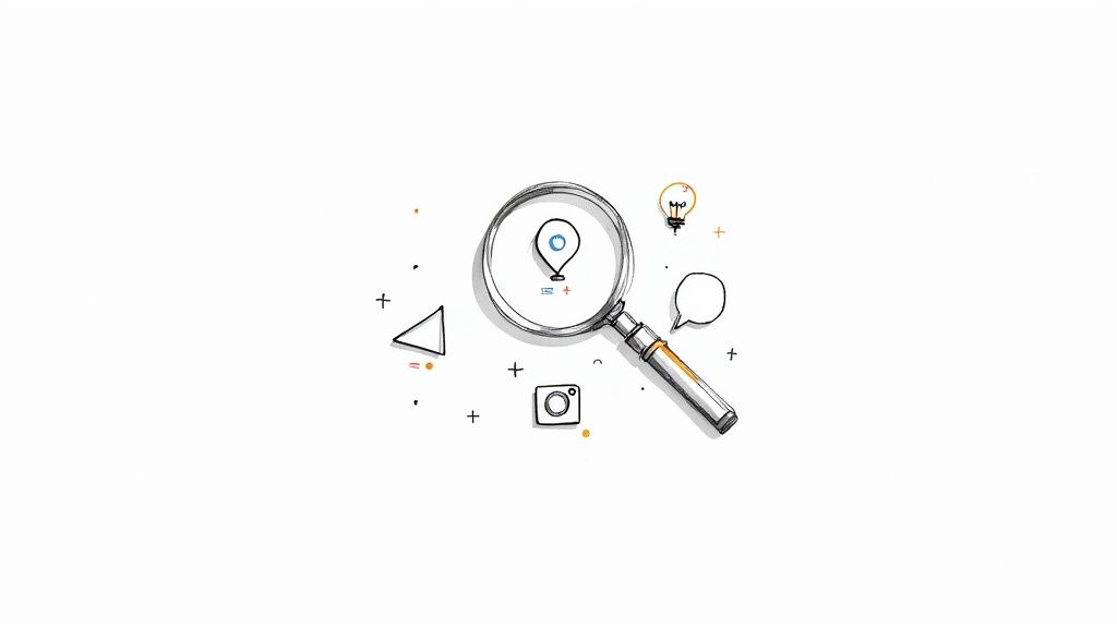 Magnifying glass examining location pin icon representing local search and business discovery analytics