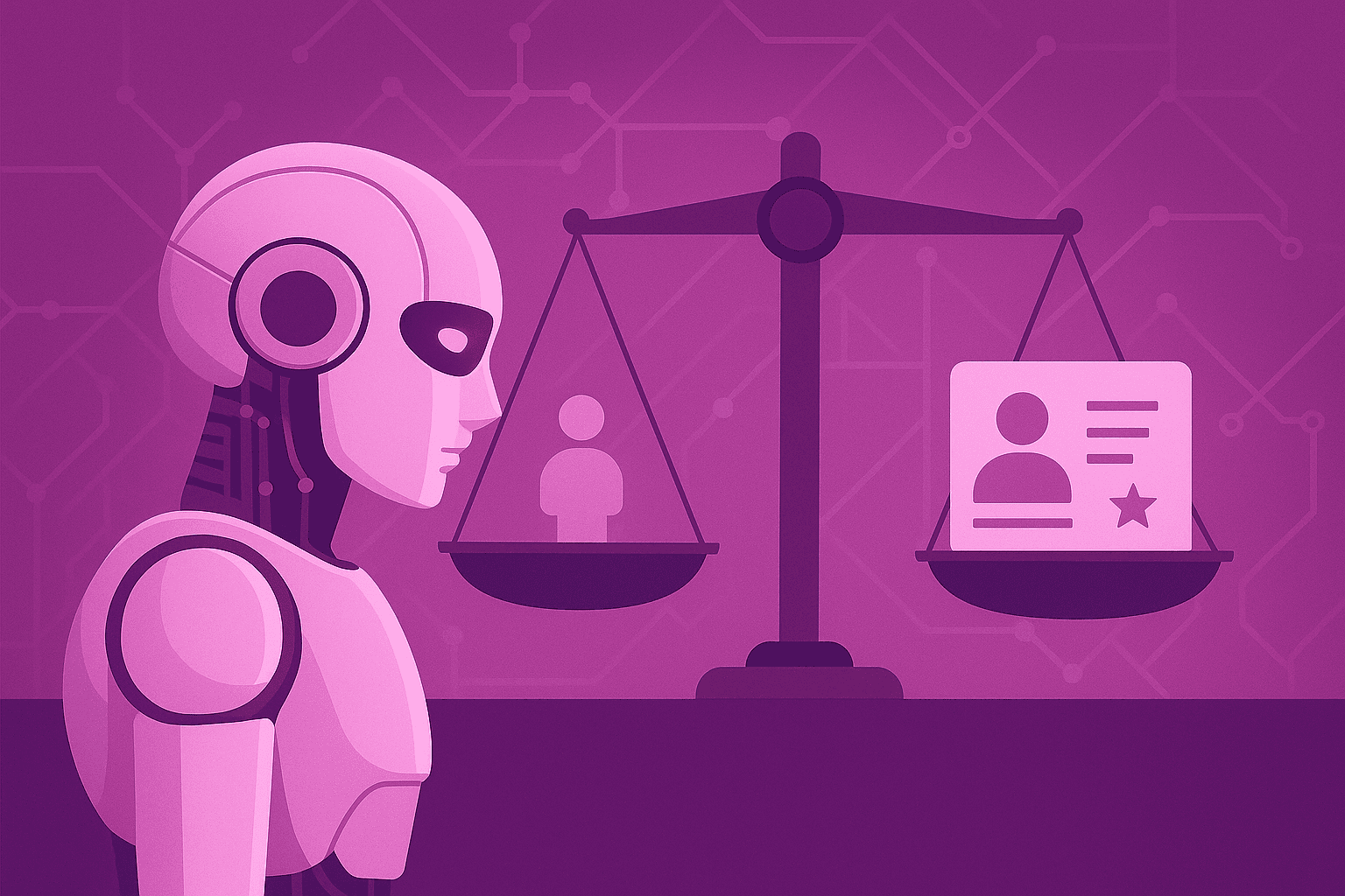 A digital illustration of a robot facing a balanced scale, with one side showing a human figure icon and the other a profile card, symbolizing fairness, transparency, and bias in AI algorithms in 2025