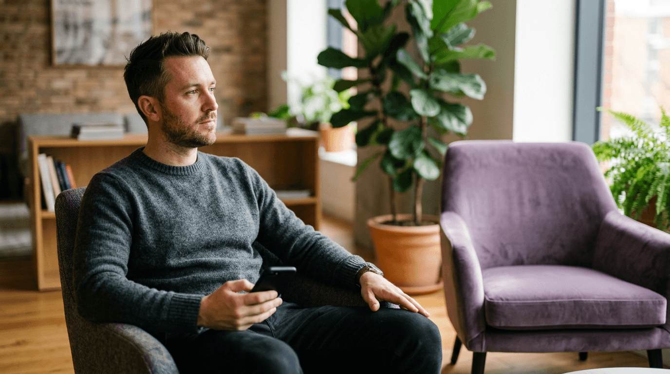 A communications professional sits in a modern lounge holding a phone, reflecting on how AI assistants describe his brand
