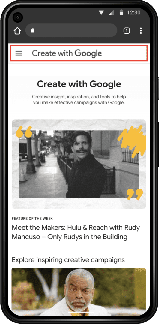 Mobile screen display of the Think with Google home page