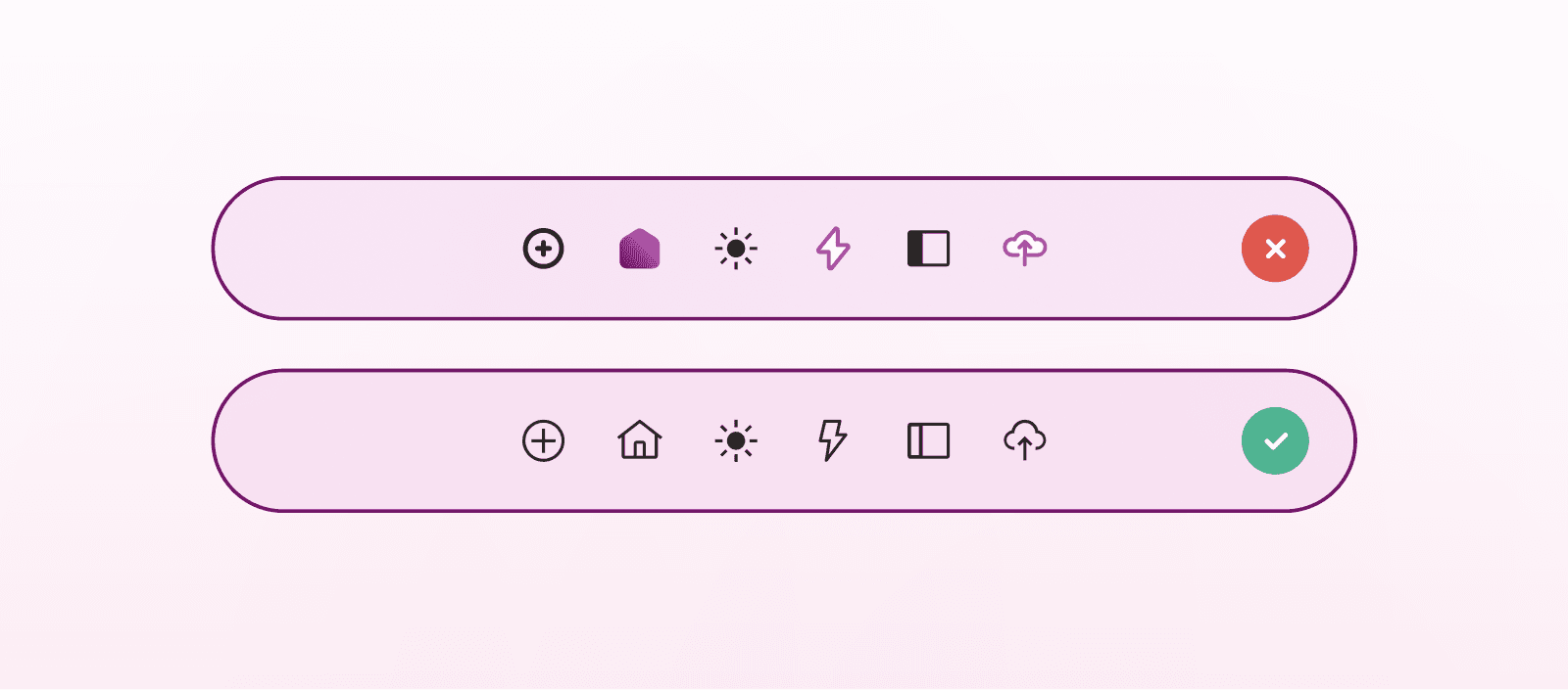 Comparison of two toolbar designs with icon styles and selection states. The top example uses inconsistent filled and outlined icons marked with a red X, while the bottom example uses consistent outlined icons marked with a green checkmark.
