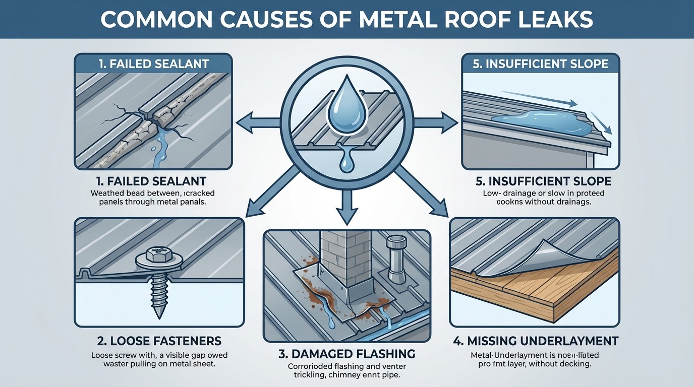 Five common causes of metal roof leaks in heavy rain illustrated diagram