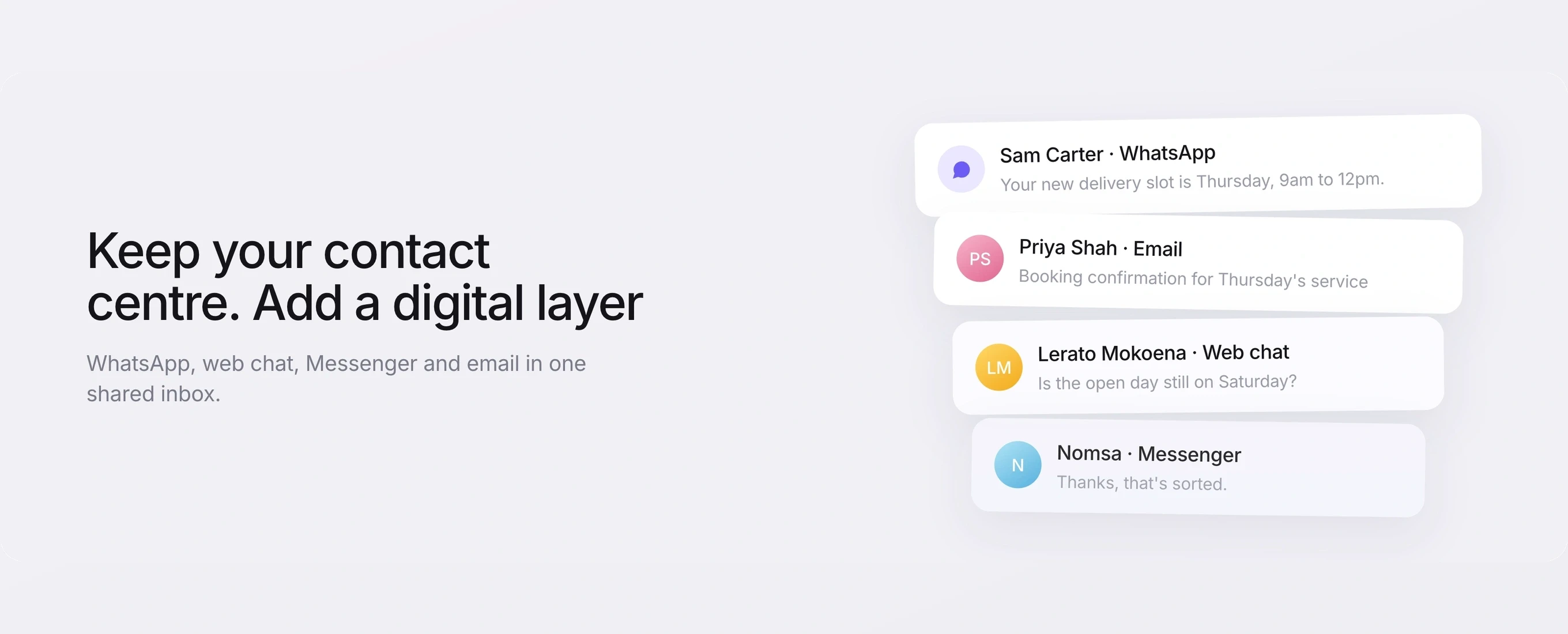 A graphic reading Keep your contact centre. Add a digital layer, with WhatsApp, email, web chat and Messenger conversations