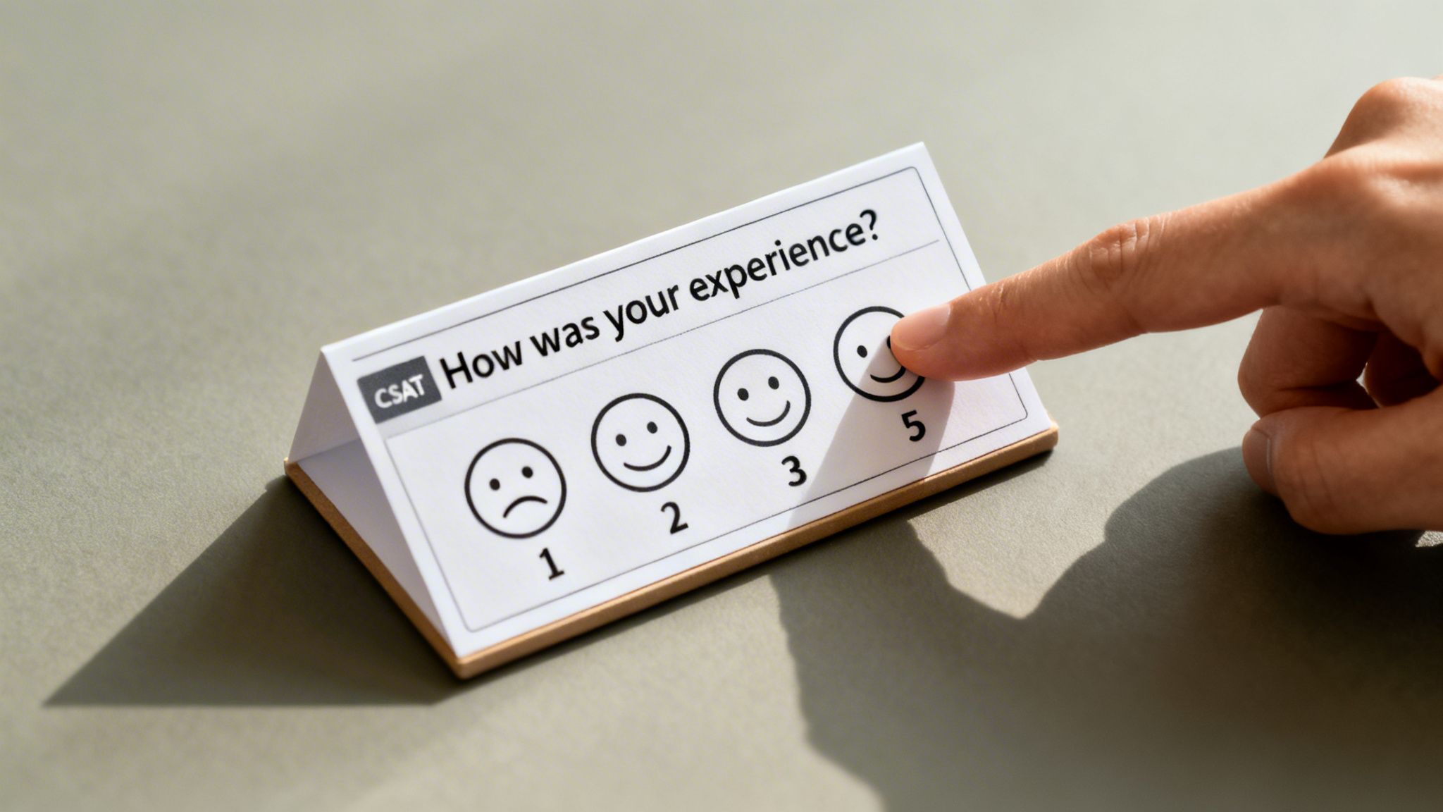 A hand selects the happiest face (rating 5) on a 'How was your experience?' CSAT survey card.
