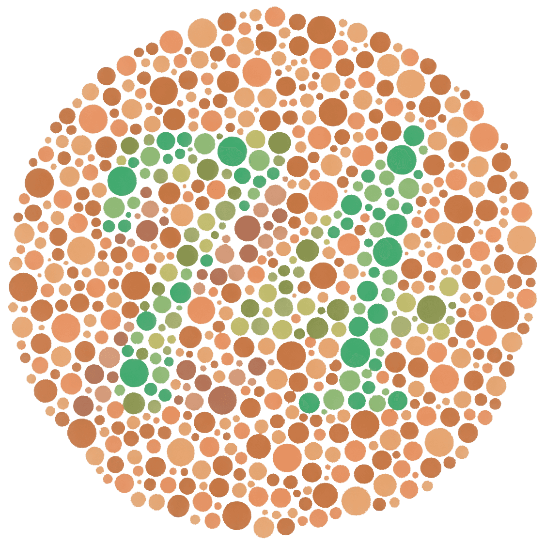 Sample color plate test with the number 74 in green dots hidden amongst red background dots