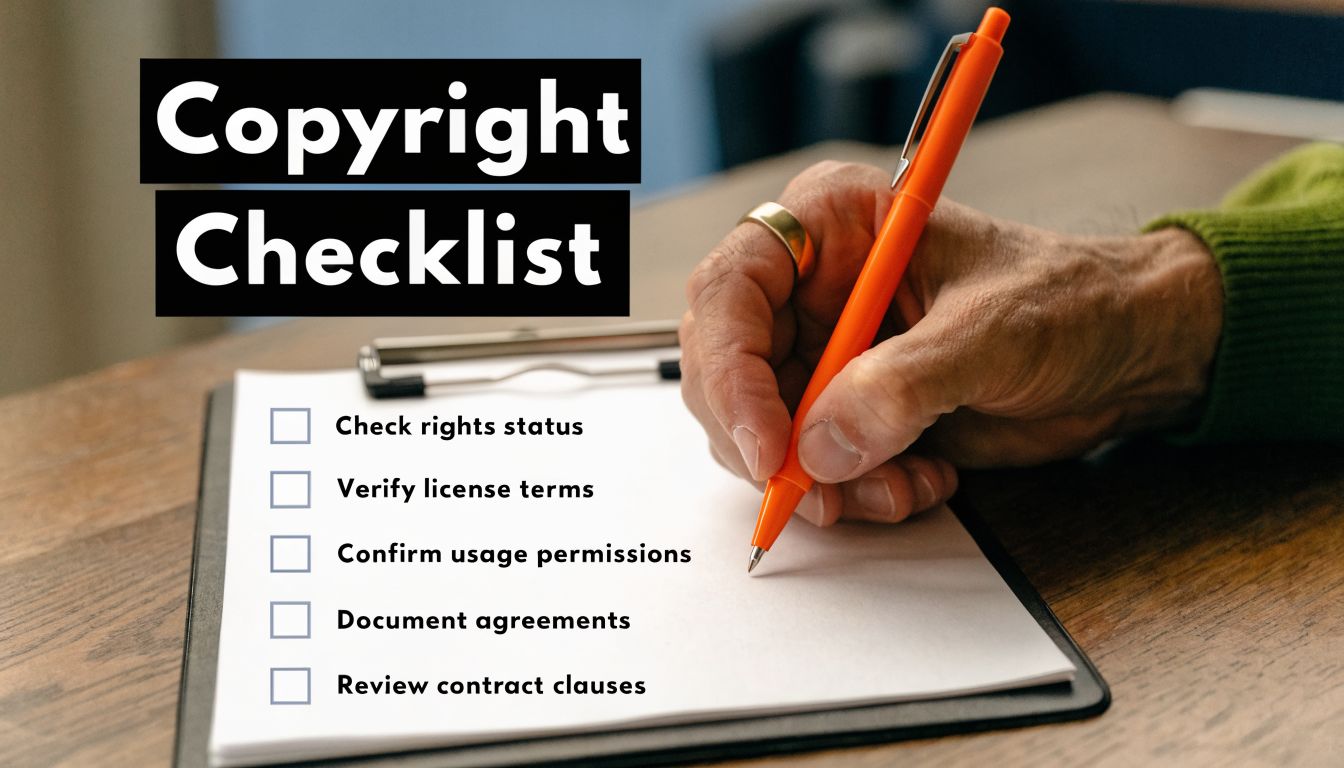 A person writing on a checklist titled Copyright Checklist on a wooden desk.