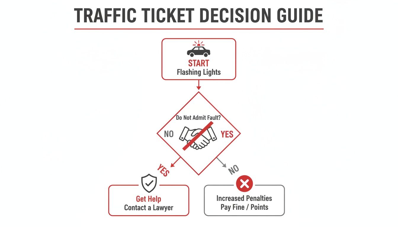 Flowchart for traffic tickets, advising against admitting fault and recommending contacting a lawyer.