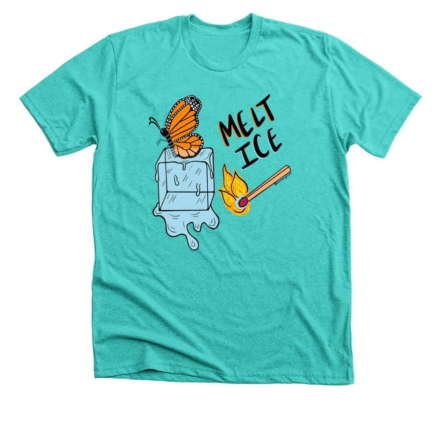 Melt ICE t-shirt in Heather Sea Green with a graphic that says "Melt ICE".