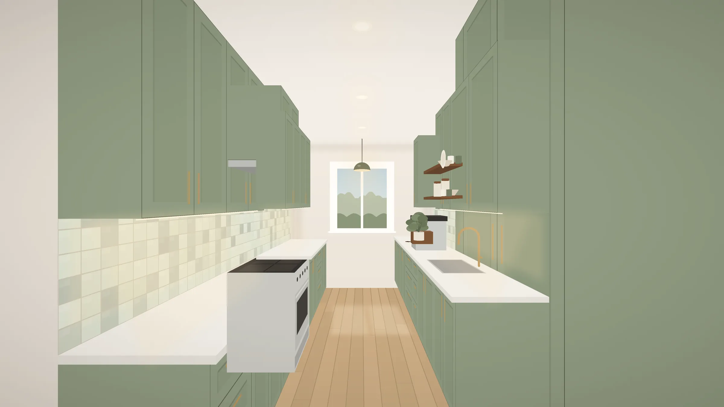 Galley kitchen with ceiling-height painted cabinets