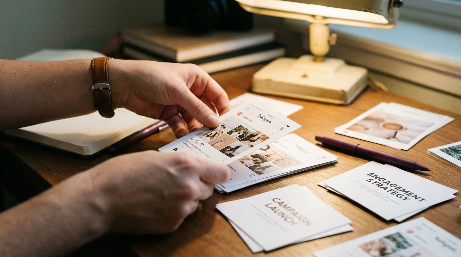 Hands arranging printed social media post mockups in sequence on a desk, purple pen nearby, shallow depth of field showing content being organized into a campaign