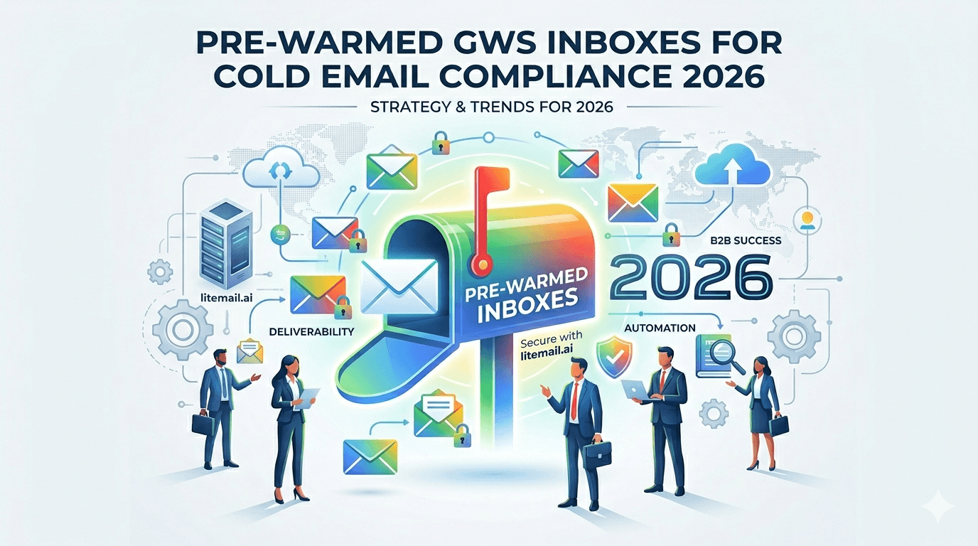 how pre-warmed inboxes improve cold email deliverability in 2026, featuring a laptop warming up email reputation, rising graph, envelopes with checkmarks, and a rocket symbolizing improved performance.