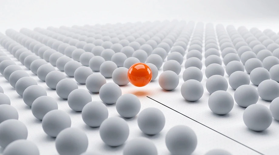 Bright orange sphere stands out among orderly rows of pale gray spheres on a white grid, conveying individuality, focus, and distinction.