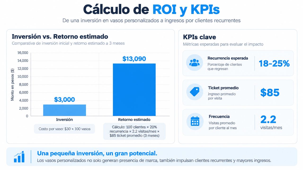 Gráfico comparando la inversión inicial en vasos personalizados frente al retorno económico estimado tras tres meses.