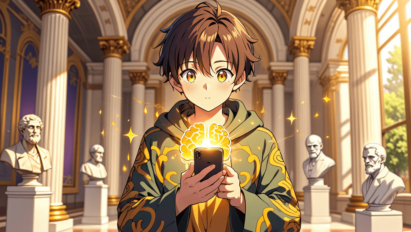 Psychology student with AI study app in neoclassical library