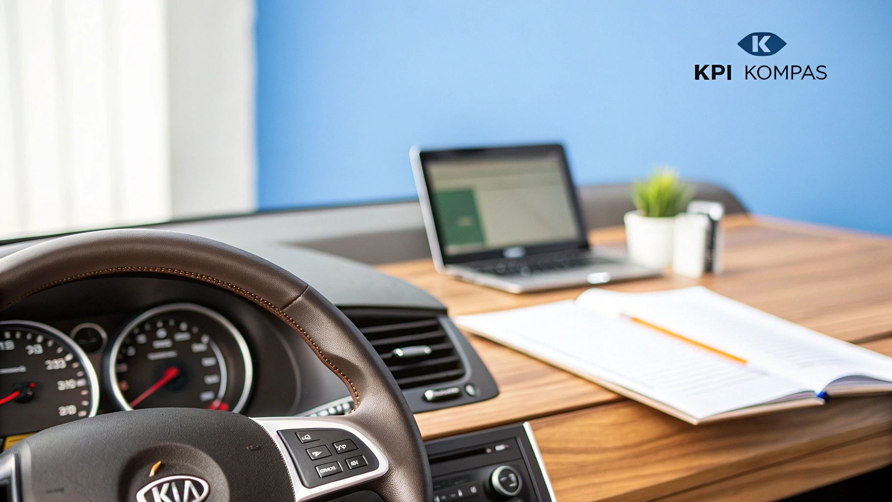 Interieur van een auto met stuur en dashboard, en een bureau met laptop en notitieboek op de achtergrond. KPI Kompas logo.