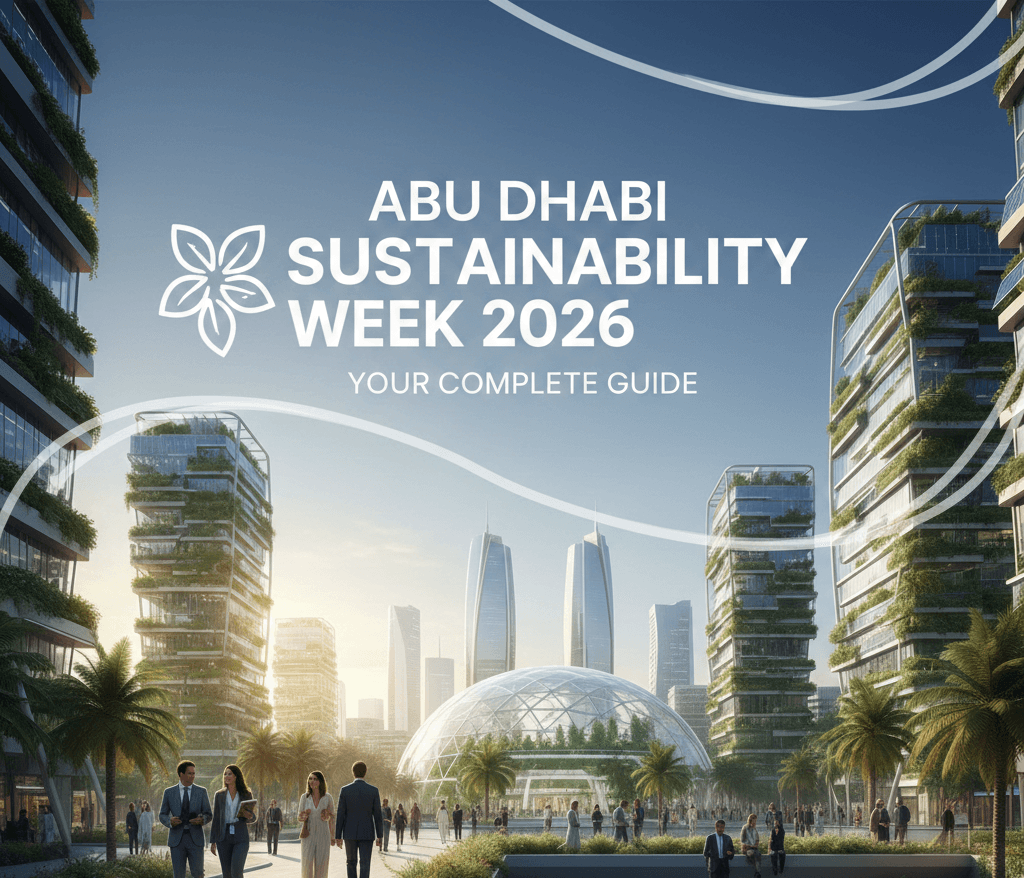 Dynamic aerial view of Abu Dhabi Sustainability Week 2026 at ADNEC with Masdar City skyline, solar panels, and crowds networking under the “The Nexus of Next” banner, showcasing global cleantech energy.
