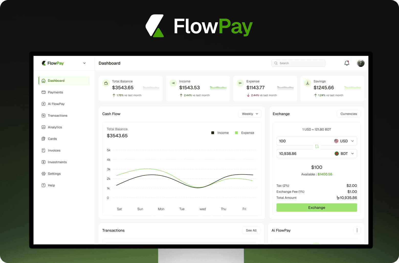 FlowPay finance dashboard UI