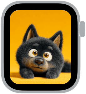 Playful animated Apple Watch face featuring a 3D cartoon puppy on a bright yellow background