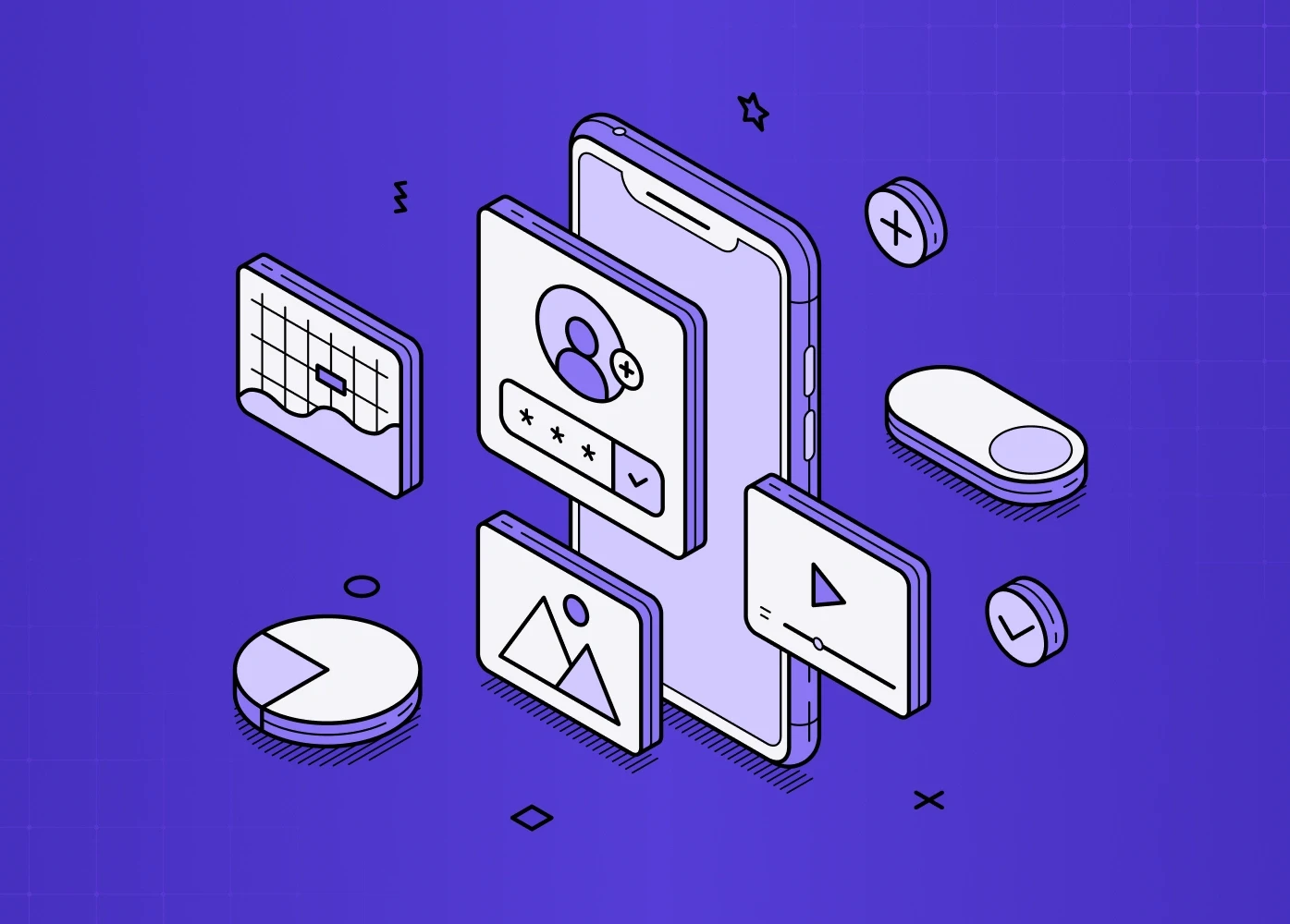Isometric illustration of mobile app UI components including login screen, charts, media cards, toggles, and interactive elements.