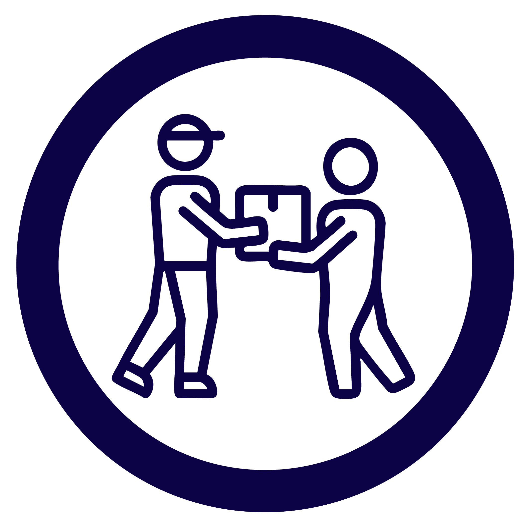 circle icon in blue of two people passing a box to each other