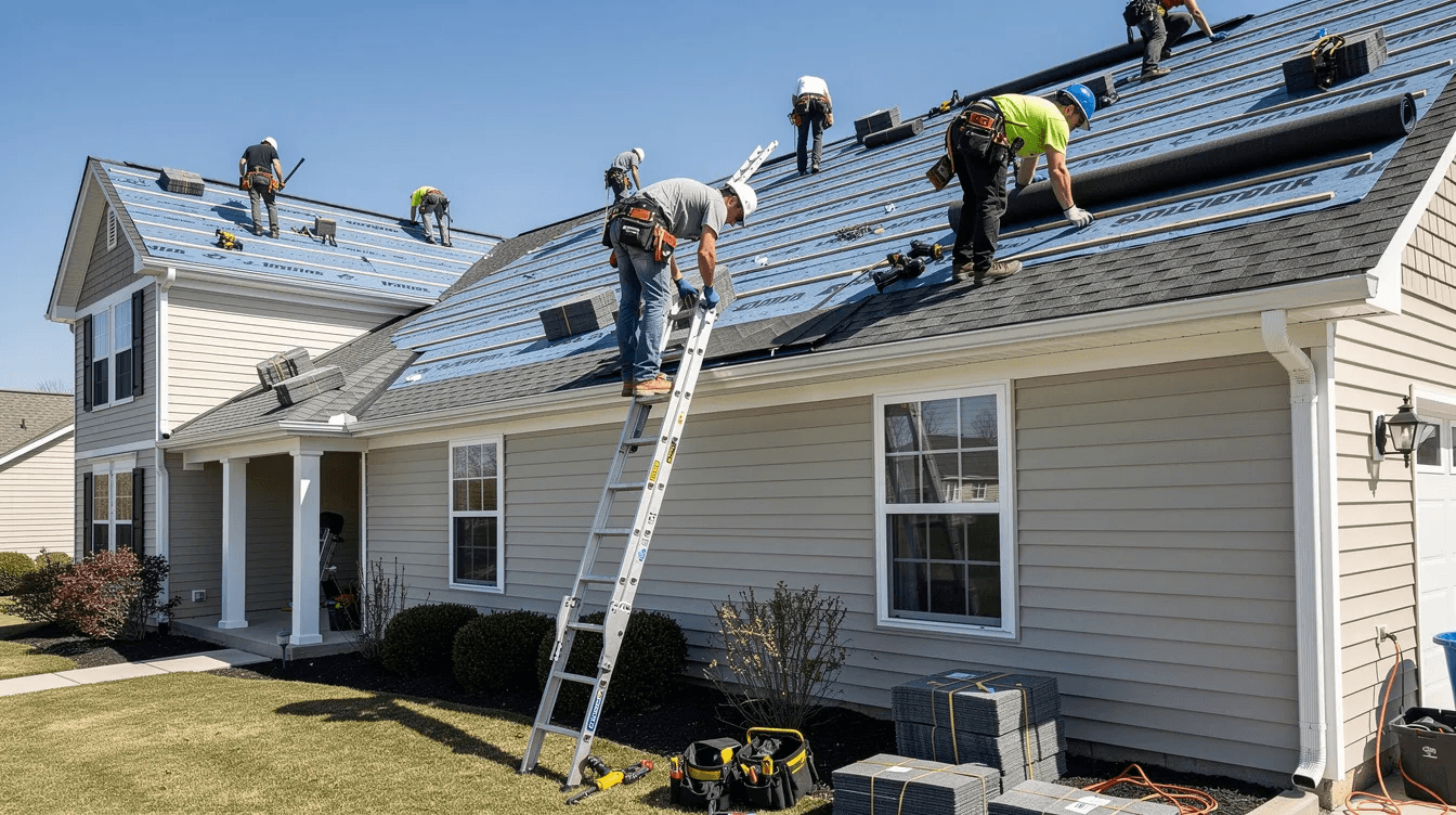 A team of contractors is seen installing new roofing materials on a residential rental property, ensuring the structure is well-maintained for tenants. This work is an important part of managing rental property expenses, which can include tax-deductible costs related to repairs and maintenance.