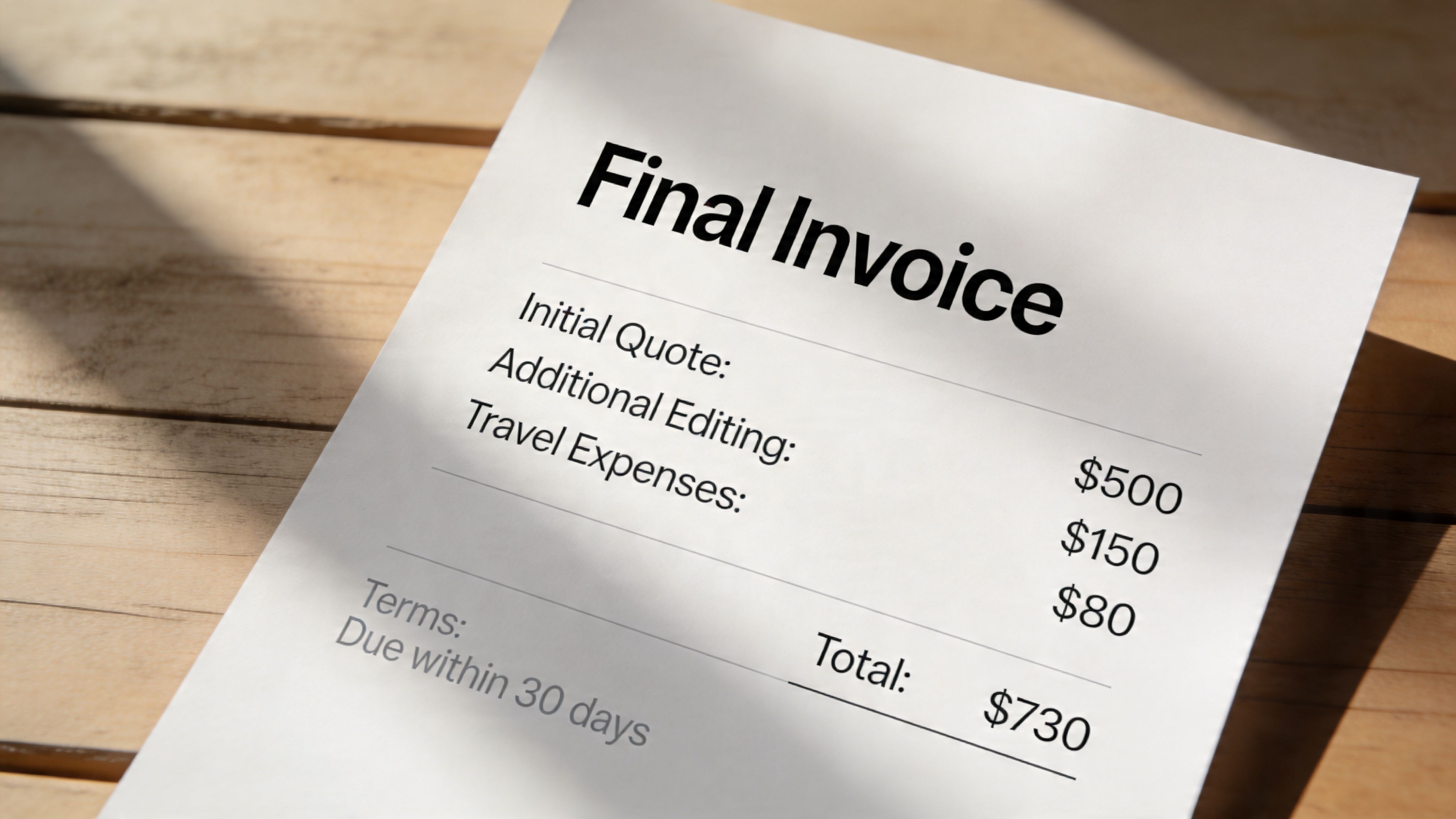 Eine offizielle Rechnung mit verschiedenen Posten und einem Gesamtbetrag, die auf einem hölzernen Untergrund liegt.