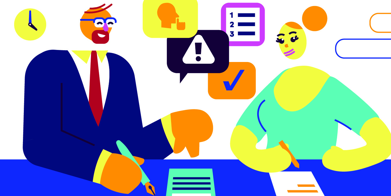 Vector illustration with stylised characters talking over a contract.