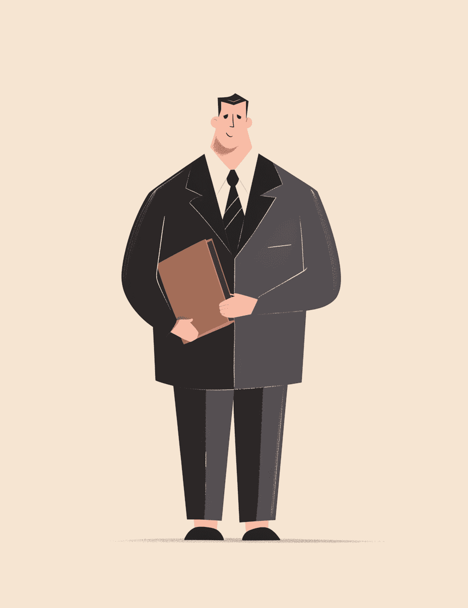 A stylized illustration of a serious businessman in a suit, holding a brown folder, against a light background. Representing greed and CEO.