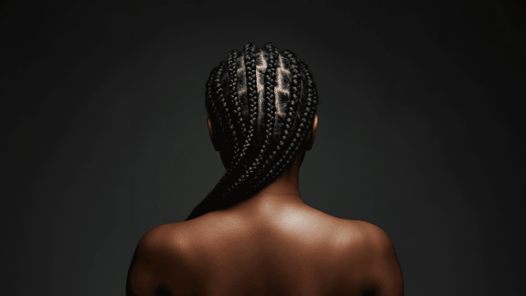 Back of a naked woman with braided hair.