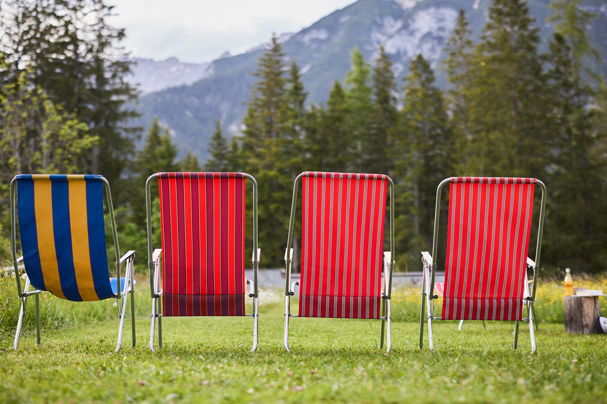 garten mit blick auf die berge und liegestühle