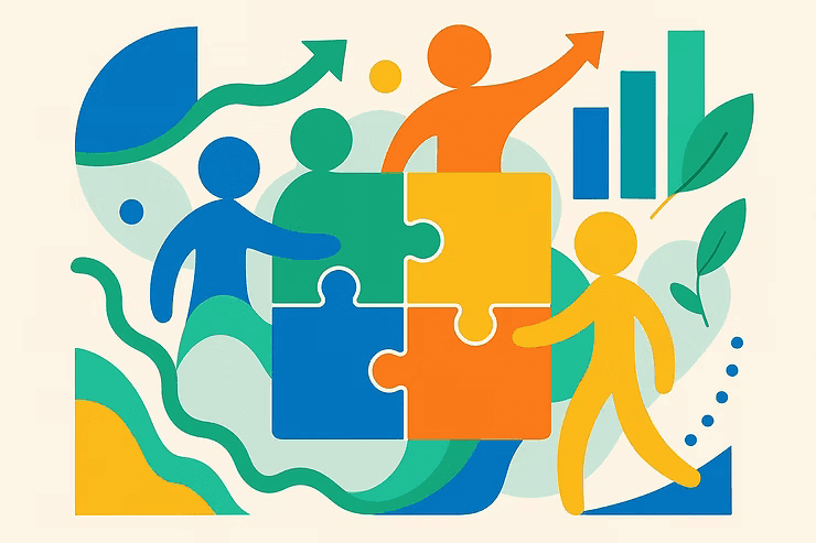Teamwork-Illustration: Menschen verbinden Puzzleteile, Wachstumspfeile & Diagramme