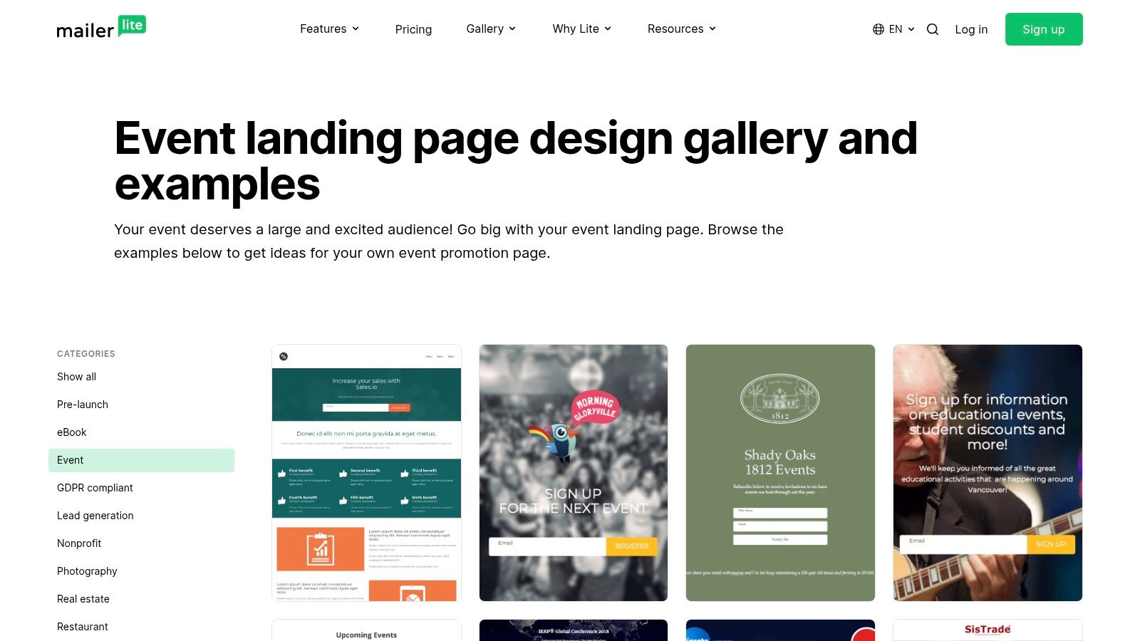 MailerLite (Event landing page examples)