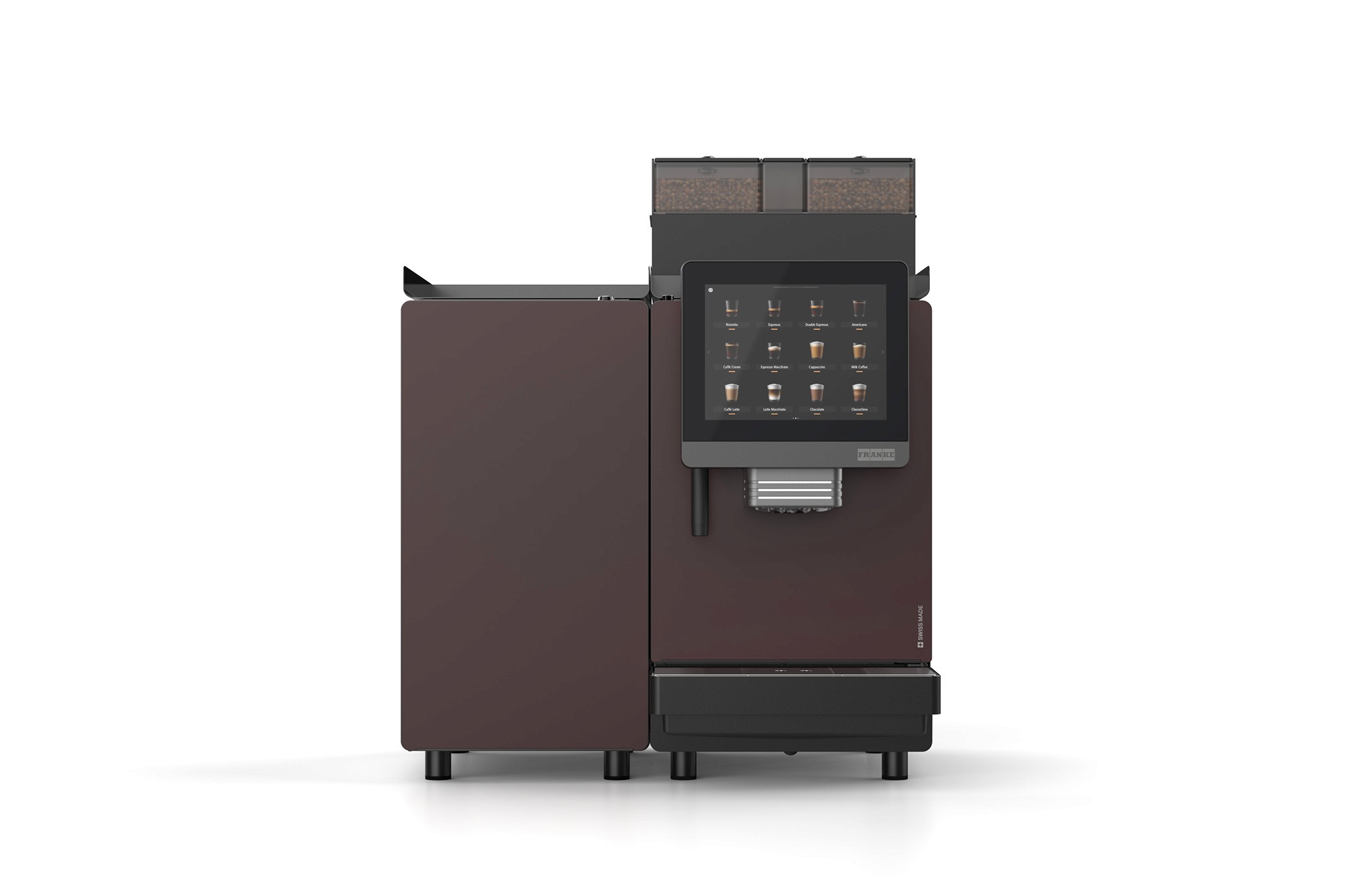 Frontansicht von neuer A-Linie Kaffee-Vollautomat in dunkelrot bestehend aus Kaffeemaschine und Kühlschrank-Modul (Franke, 2025)