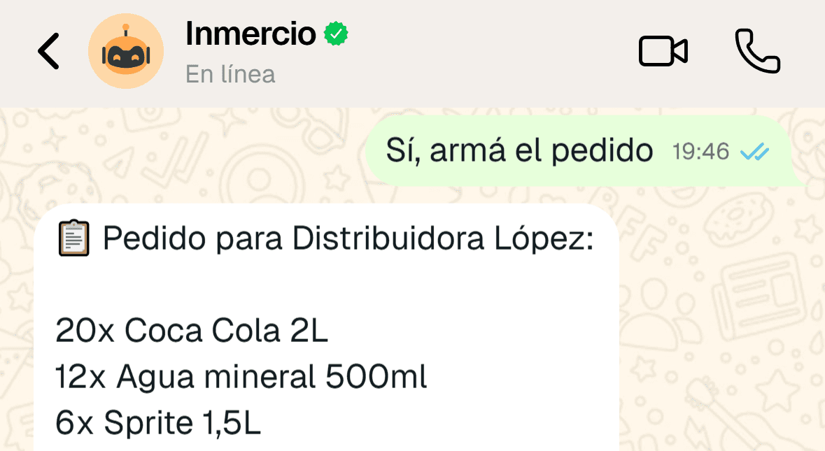 Chat de WhatsApp con Inmercio generando automáticamente un pedido listo para enviar al proveedor