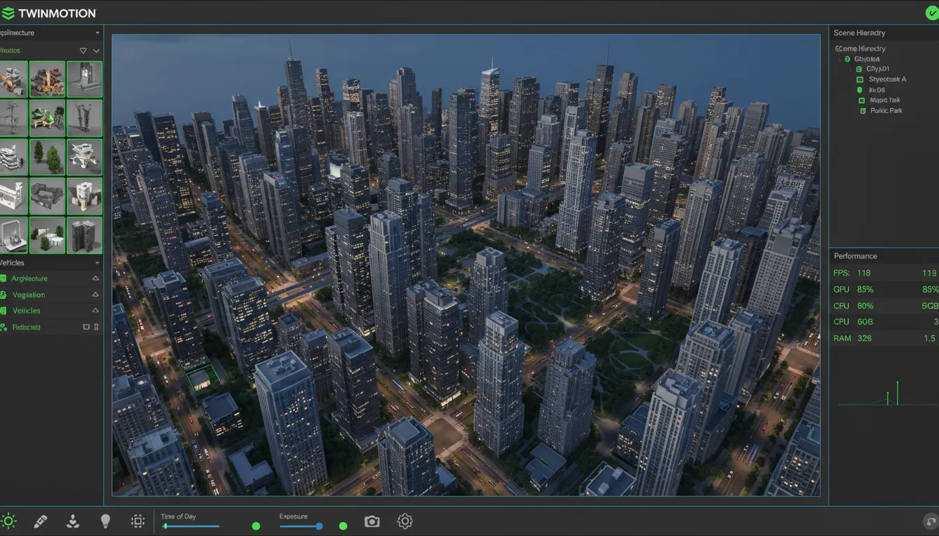 Modern Dark Mode UI of the Twinmotion real-time architectural rendering software, featuring a large central viewport displaying a high-fidelity 3D render of a dense urban city block from an aerial perspective. The layout includes a left sidebar with a grid of 3D asset thumbnails, a right sidebar with a scene hierarchy and a performance statistics panel with placeholder data, and a bottom toolbar with abstracted icons and sliders for lighting controls. The interface uses a professional, clean design with charcoal gray panels, vibrant green highlights, and subtle blue accent lines.