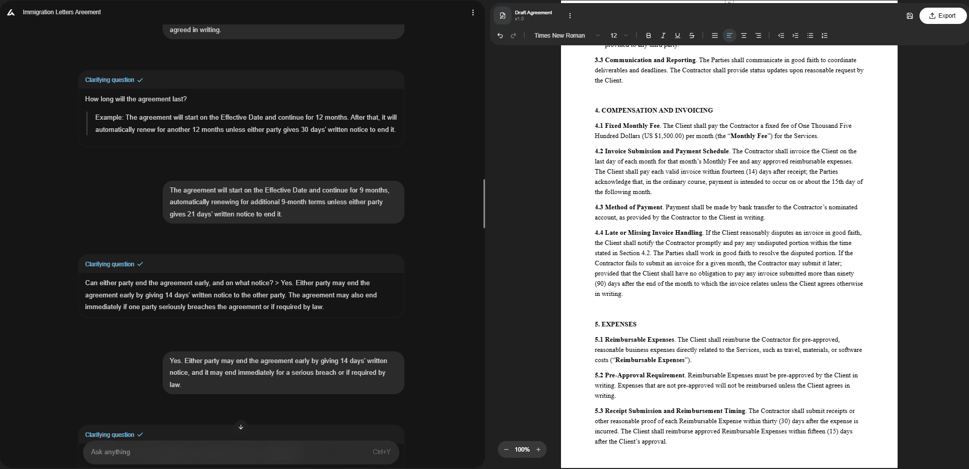 Split-screen interface showing an AI Lawyer collecting contract duration and termination terms for an immigration letters agreement while generating the draft document with compensation, invoicing, and expense sections on the right.