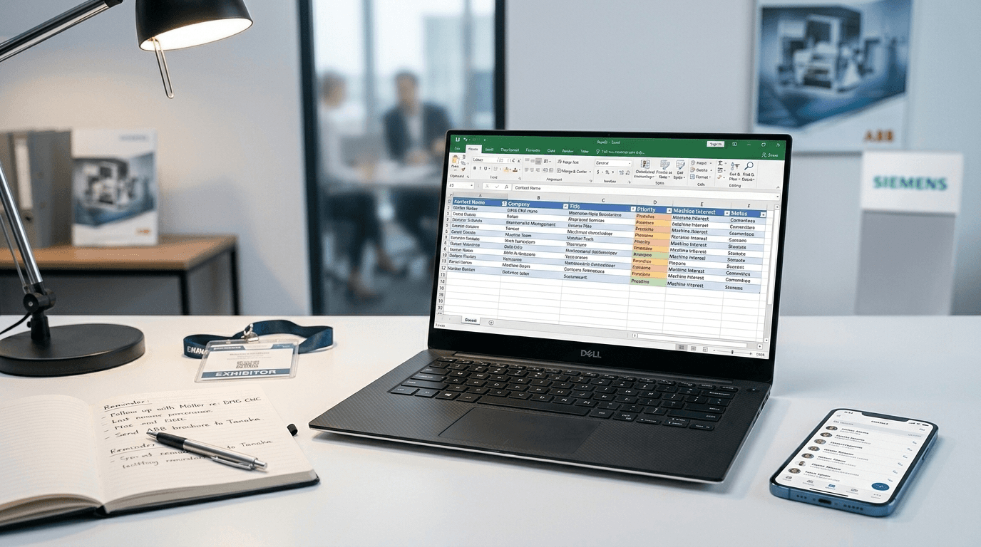 Organized machine tool leads exported to spreadsheet after using a business card scanner at BIEMH 2026.