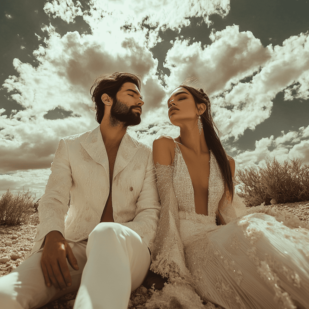 A stylish couple dressed in elegant white attire, sitting outdoors under a dramatic sky with scattered clouds, symbolising the art of modern matchmaking and connection.