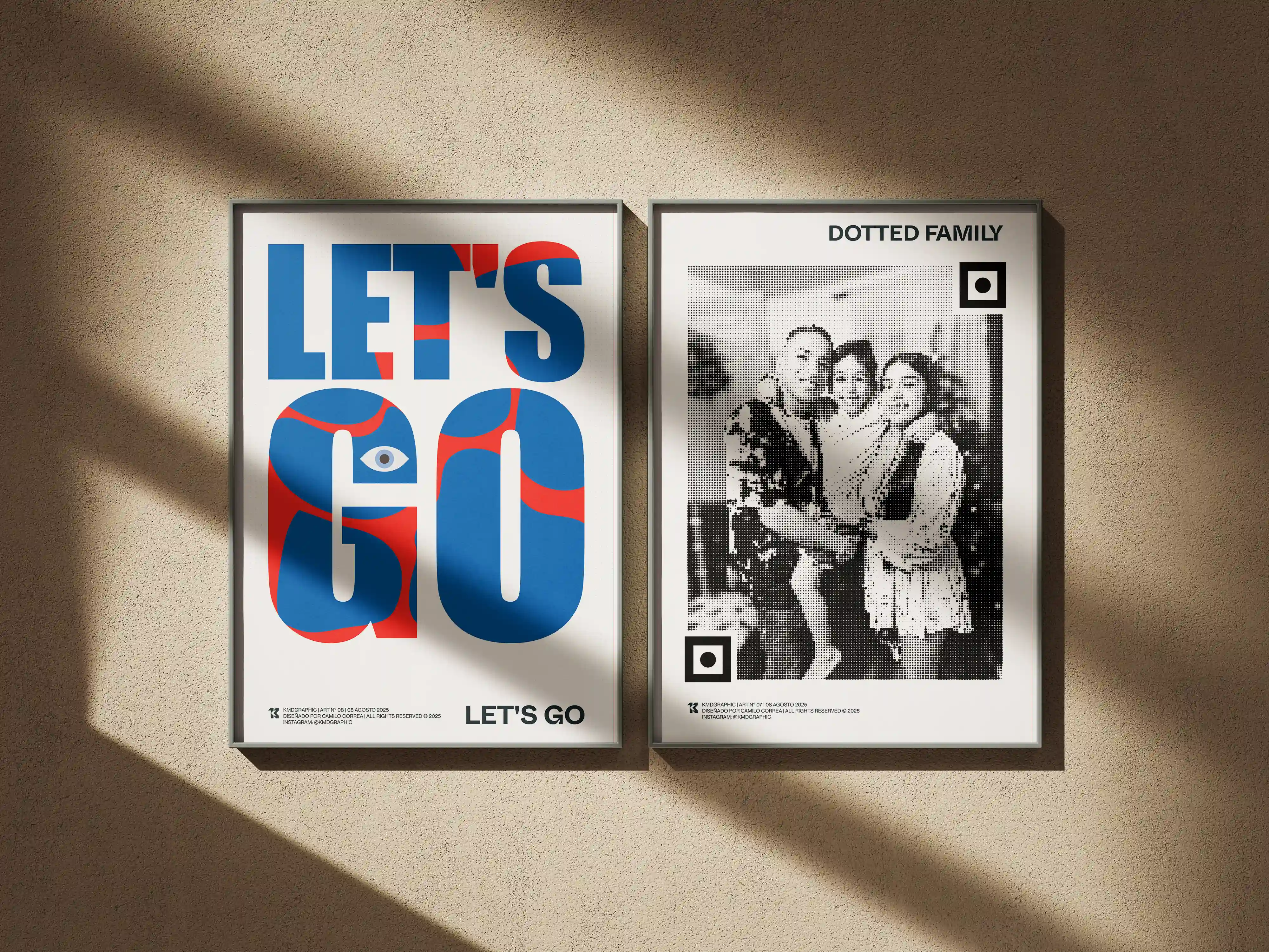 Framed poster designs displayed on a wall mockup with typography and black-and-white photography.