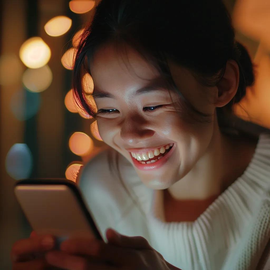 Person reacting with joy and surprise while watching content on their phone — emotional reaction that drives sharing