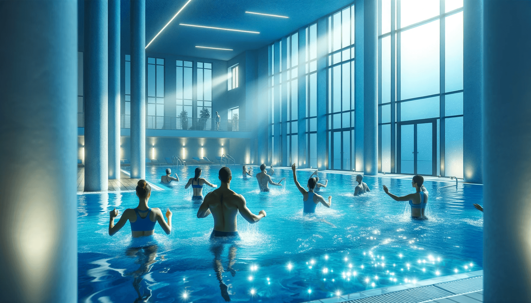 Une piscine intérieure spacieuse et accueillante, avec un petit groupe de personnes pratiquant l'aquagym dans une ambiance lumineuse et apaisante.