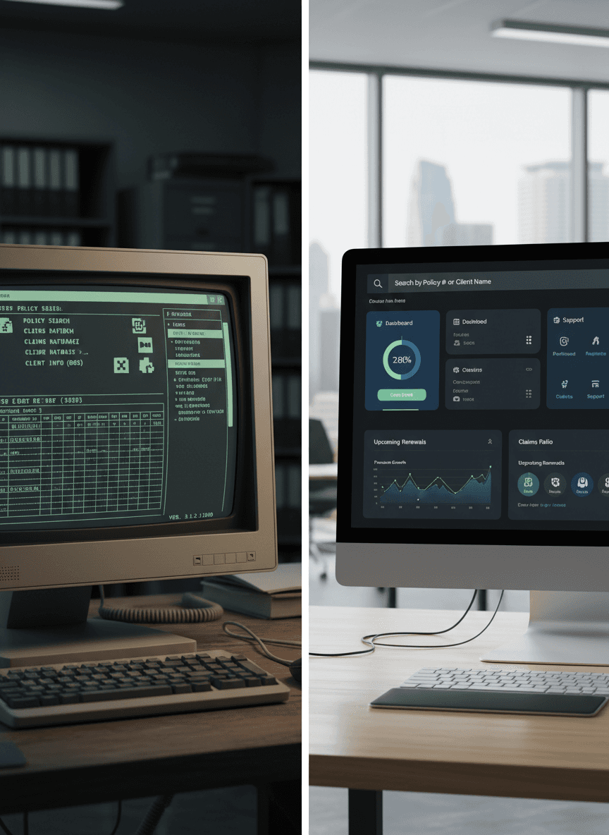 “Legacy insurance system interface displayed alongside a modern insurance SaaS dashboard showing digital transformation.”
