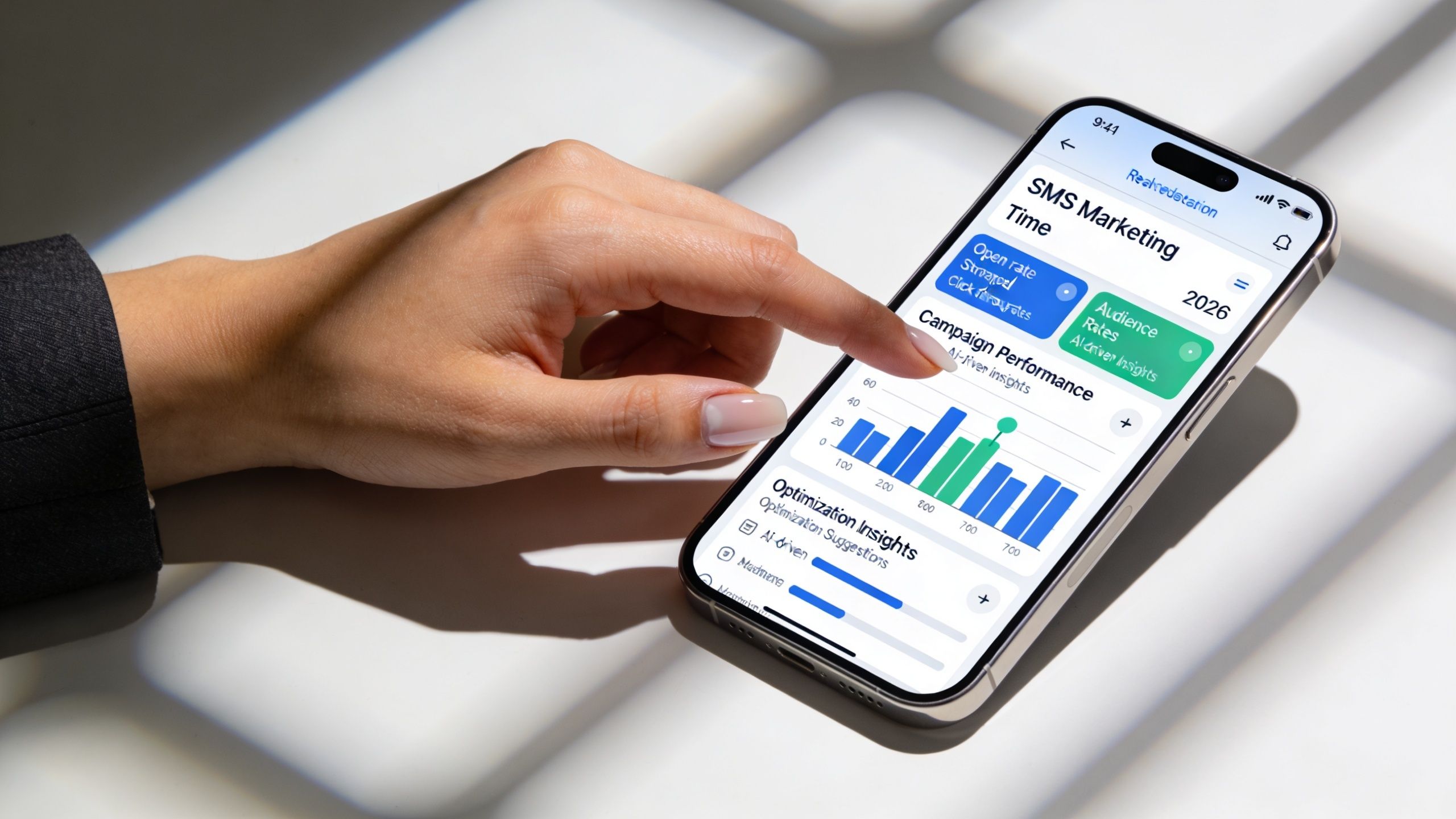 A person using a smartphone to review SMS marketing campaign analytics on a dashboard application.
