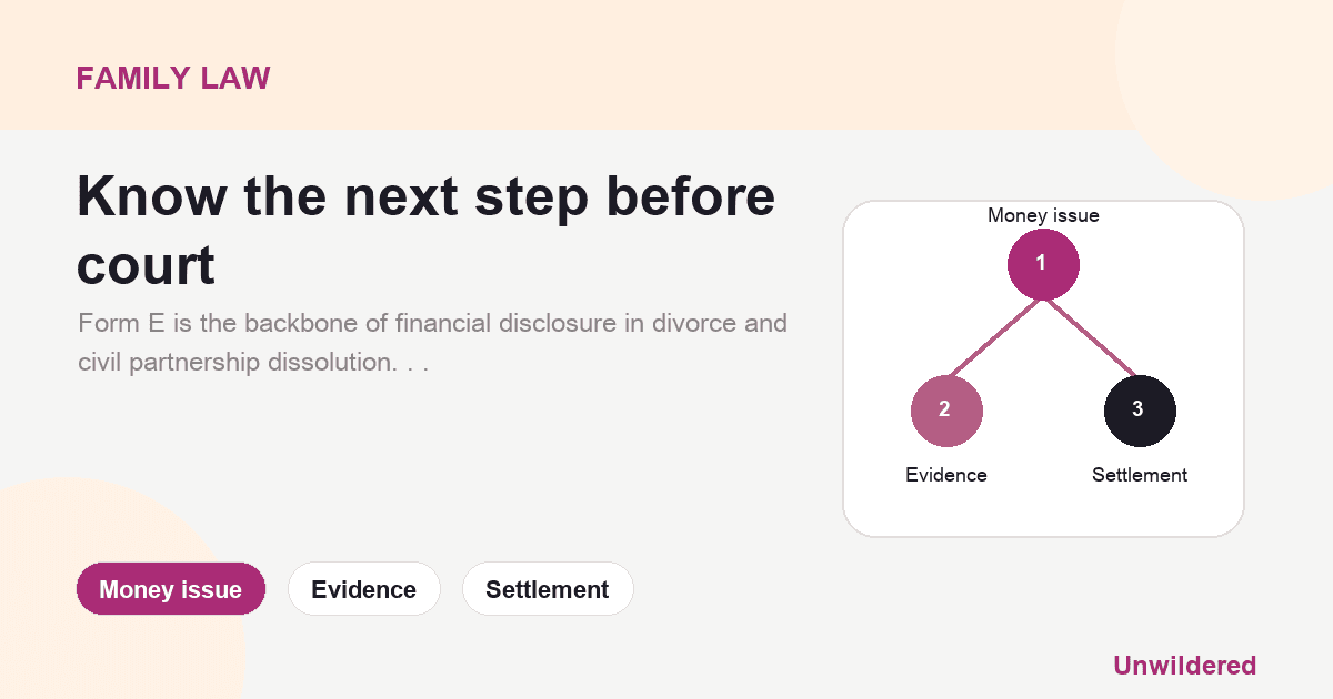 Explainer card for Form E: Common Pitfalls and How to Avoid Them: Money issue, Evidence, Settlement.